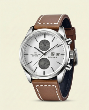 St. Martin Co Silver Chronograph Watch Tan Leather Strap — back view