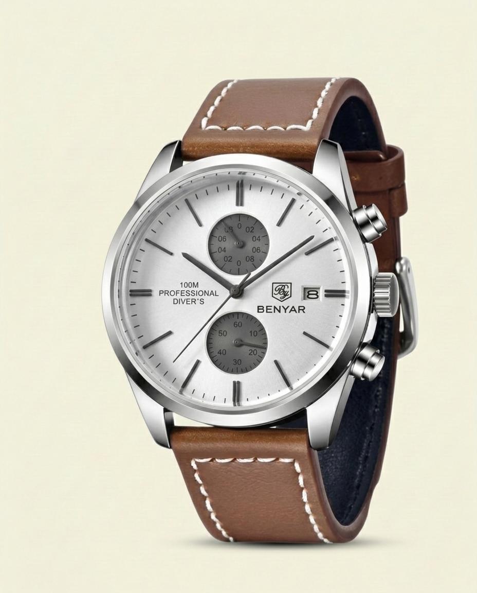 St. Martin Co Silver Chronograph Watch Tan Leather Strap — back view