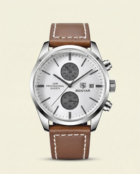 St. Martin Co Silver Chronograph Watch Tan Leather Strap — front view