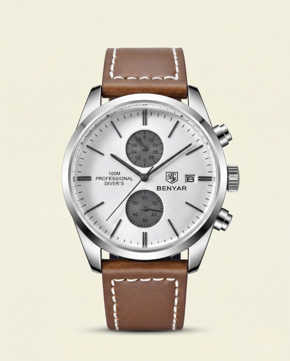 St. Martin Co Silver Chronograph Watch Tan Leather Strap — front view