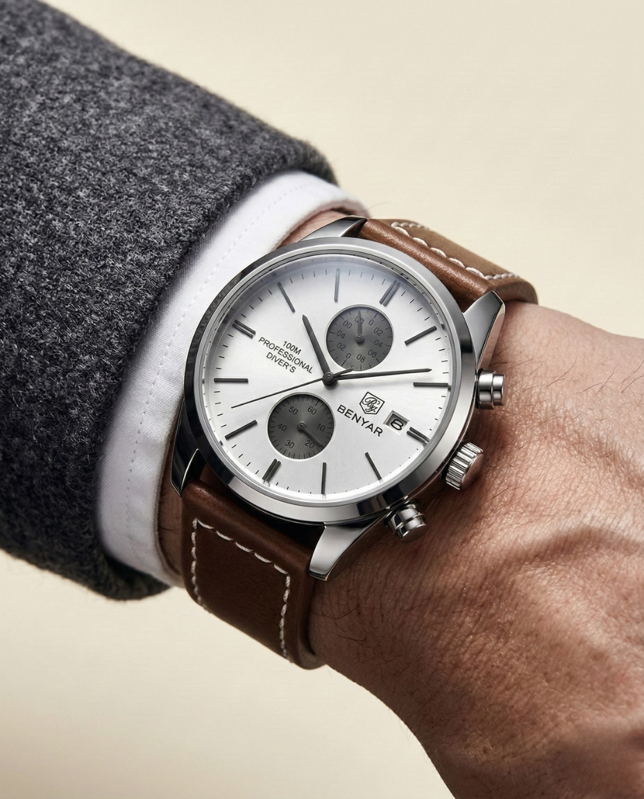 St. Martin Co Silver Chronograph Watch Tan Leather Strap — side view