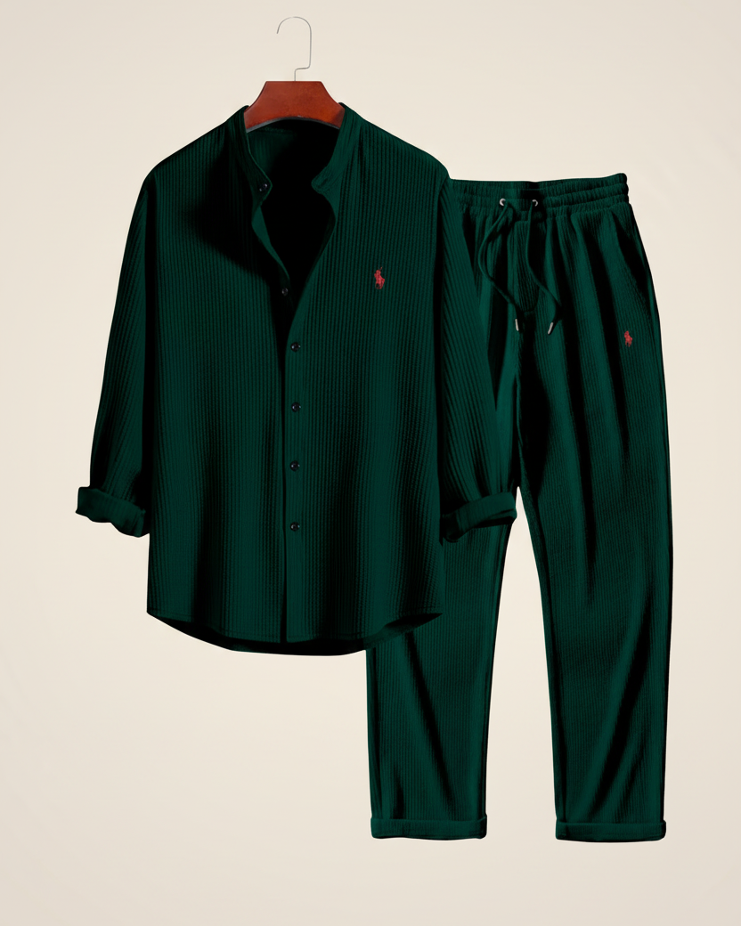 St. Martin Co RL Sky Ribbed Shirt and Trouser Set — lifestyle view