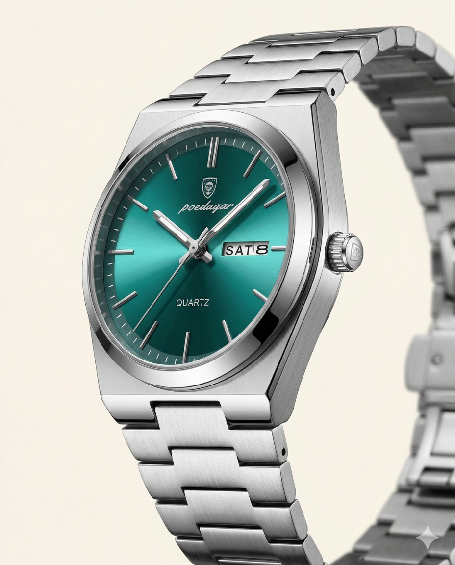 St. Martin Co Steel Bracelet Watch Green Sunray Dial — side view