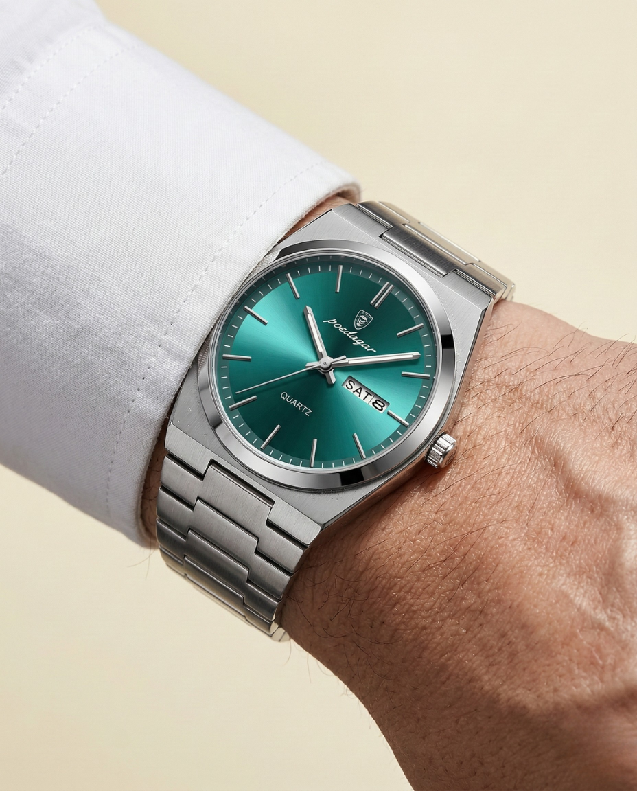 St. Martin Co Steel Bracelet Watch Green Sunray Dial — back view
