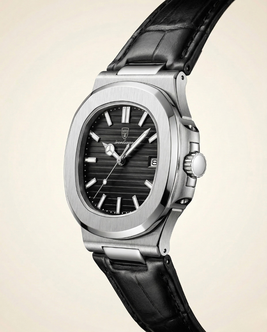 St. Martin Co Brushed Steel Watch Dark Dial Integrated Bracelet — side view