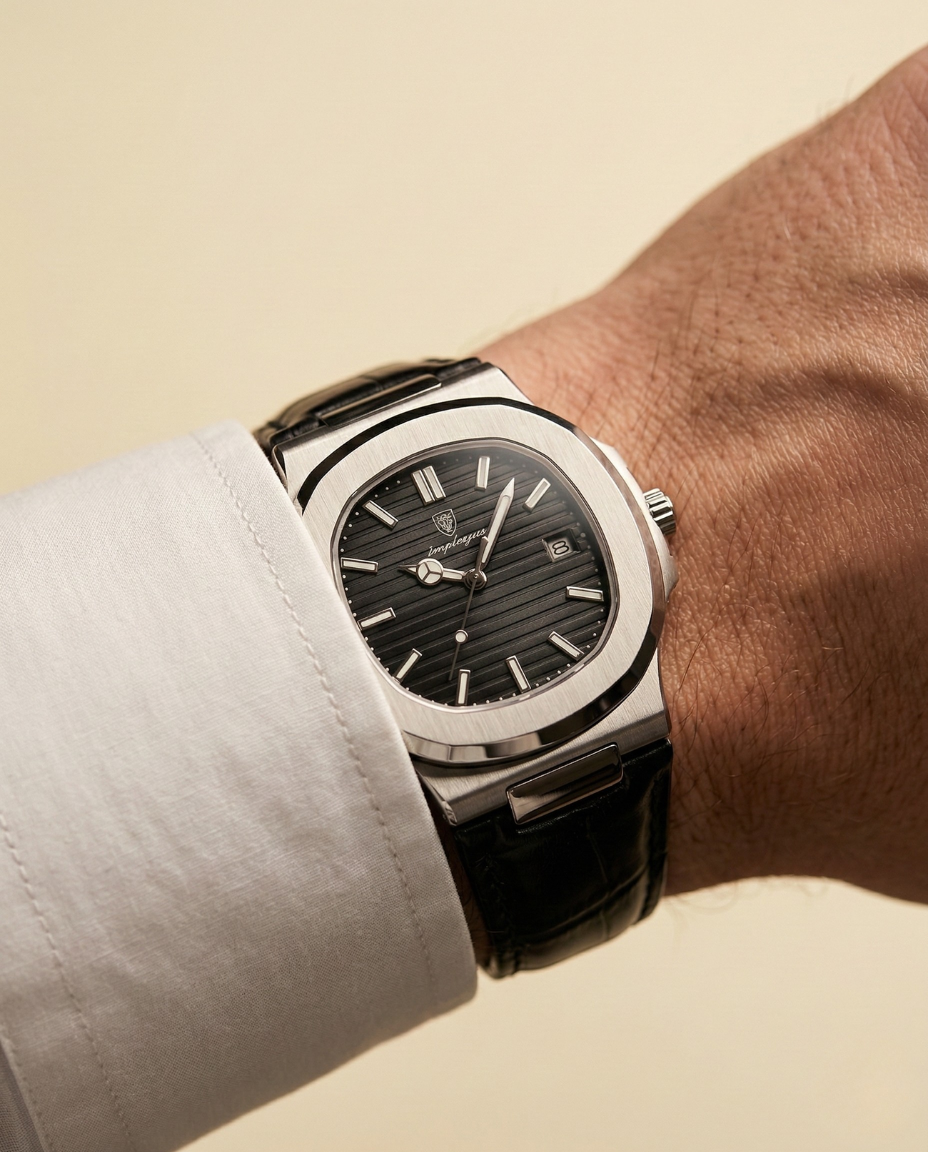 St. Martin Co Brushed Steel Watch Dark Dial Integrated Bracelet — back view
