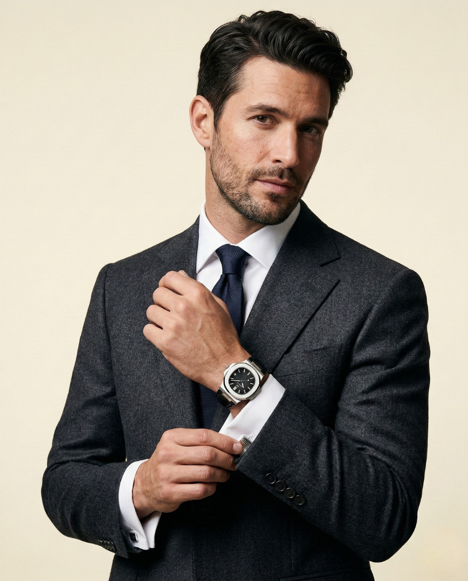 St. Martin Co Brushed Steel Watch Dark Dial Integrated Bracelet — front view