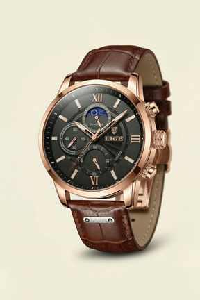 St. Martin Co Dark Dial Moonphase Chronograph, Brown Leather — front view
