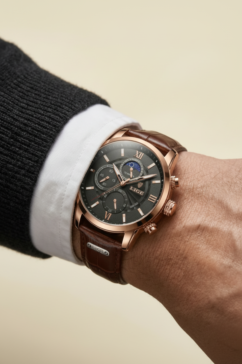 St. Martin Co Dark Dial Moonphase Chronograph, Brown Leather — back view
