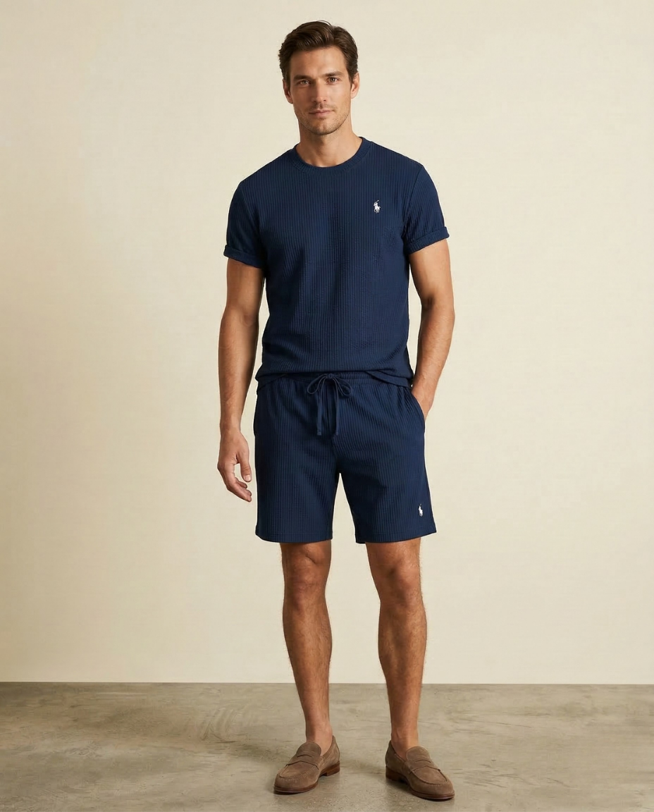 St. Martin Co RL Navy Waffle-Knit Shorts and Tee Set — front view
