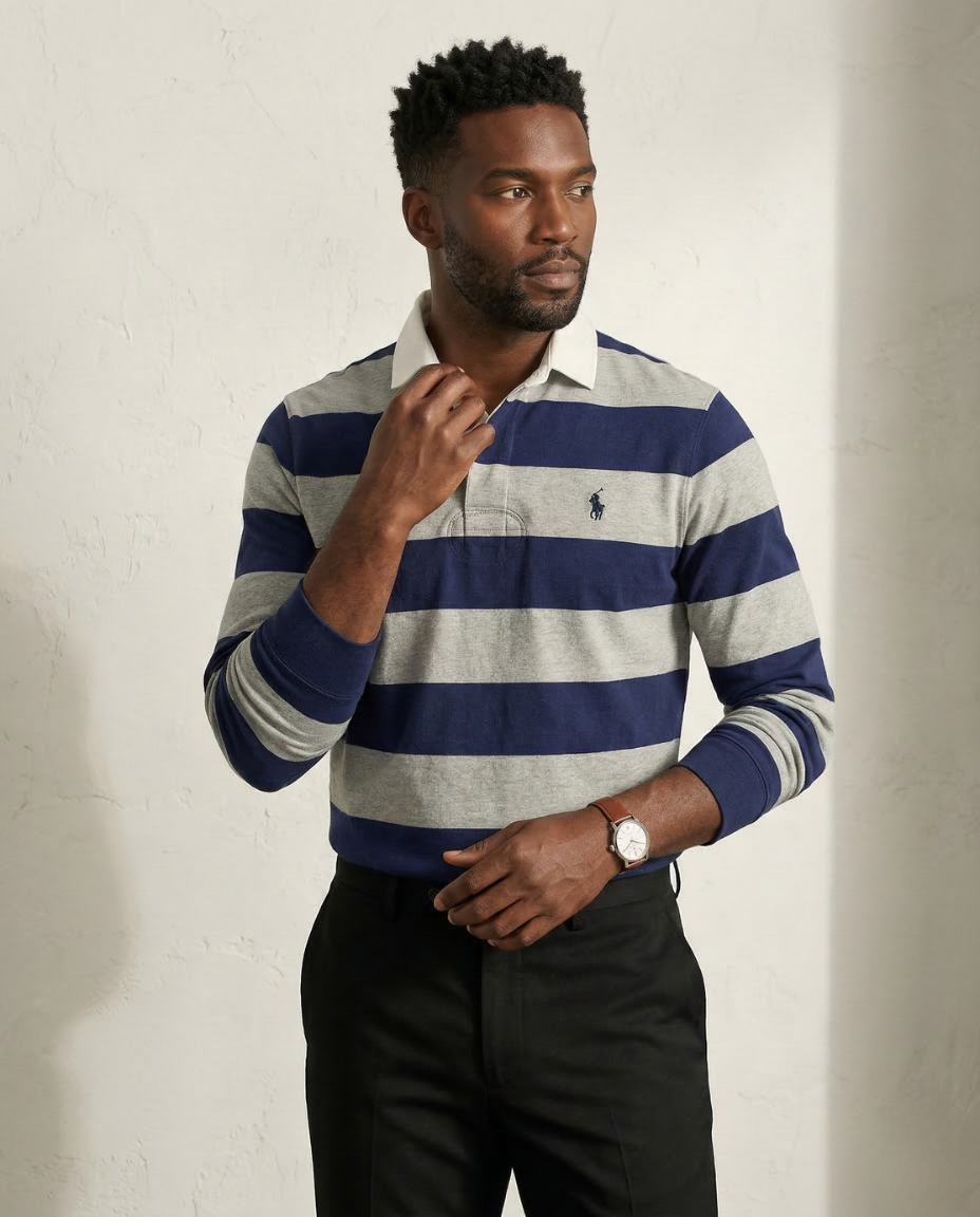 St. Martin Co RL Hooped Cotton Rugby Collar Shirt — back view