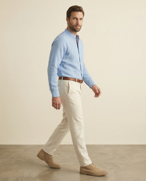 St. Martin Co Blue Linen Half-Placket Grandad Shirt — side view
