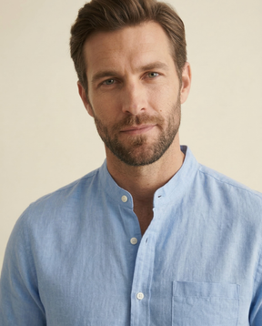 St. Martin Co Blue Linen Half-Placket Grandad Shirt — back view