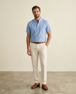 St. Martin Co Blue Linen Half-Placket Grandad Shirt — detail view