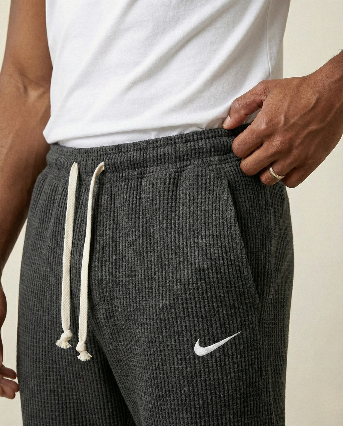 St. Martin Co Charcoal Waffle-Knit Drawstring Jogger Trousers — front view