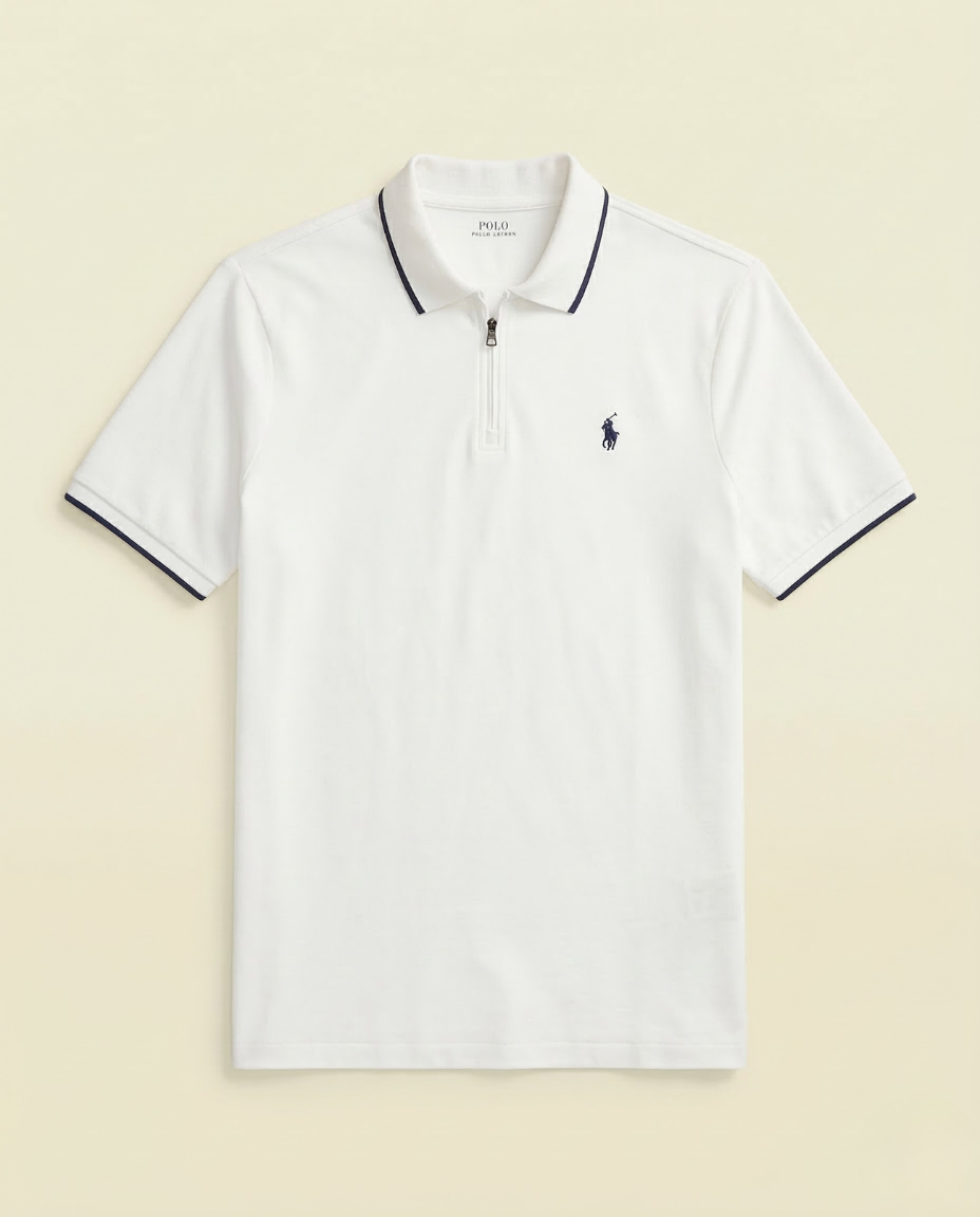 St. Martin Co RL Navy Zip-Collar Cotton Piqué Polo — detail view
