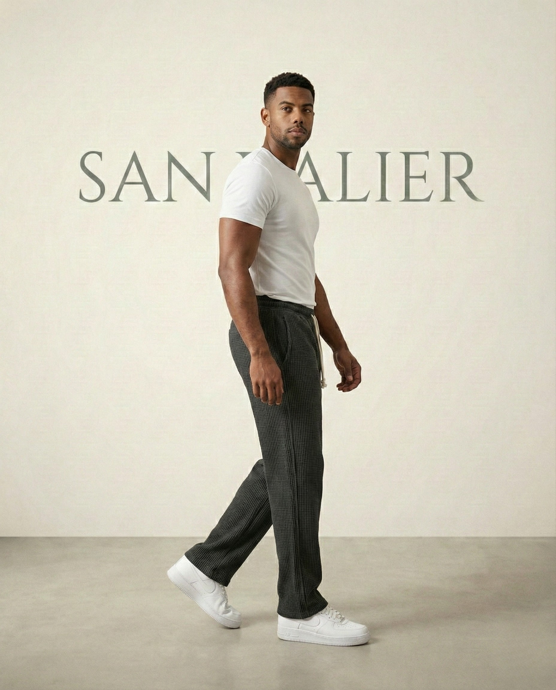 St. Martin Co Charcoal Waffle-Knit Drawstring Jogger Trousers — detail view