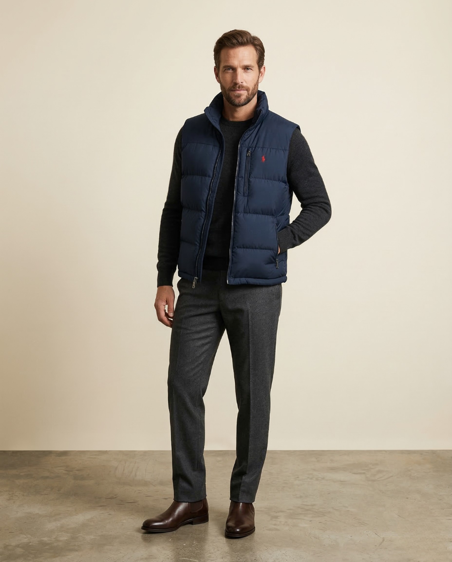 St. Martin Co RL Navy Quilted Down Gilet Stand Collar — front view