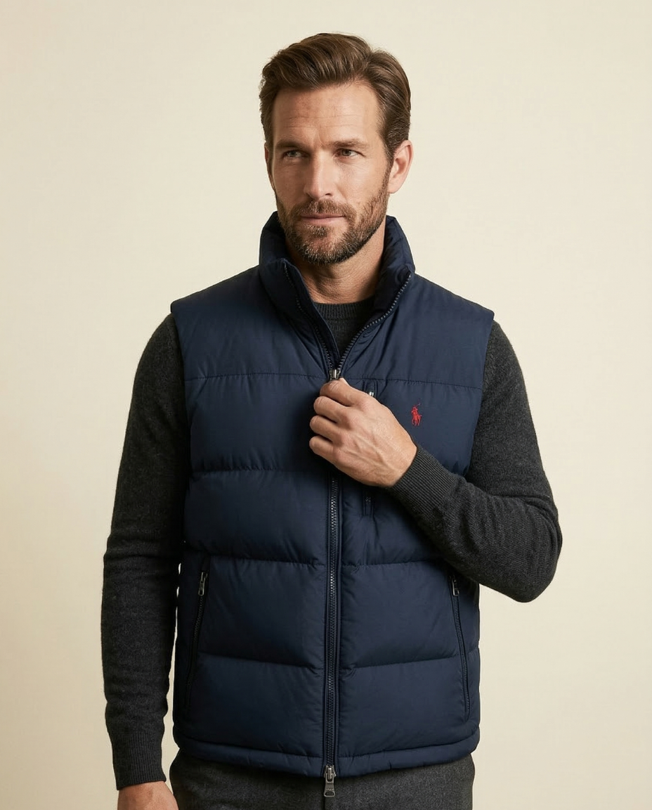 St. Martin Co RL Navy Quilted Down Gilet Stand Collar — back view