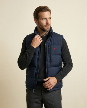 St. Martin Co RL Navy Quilted Down Gilet Stand Collar — detail view