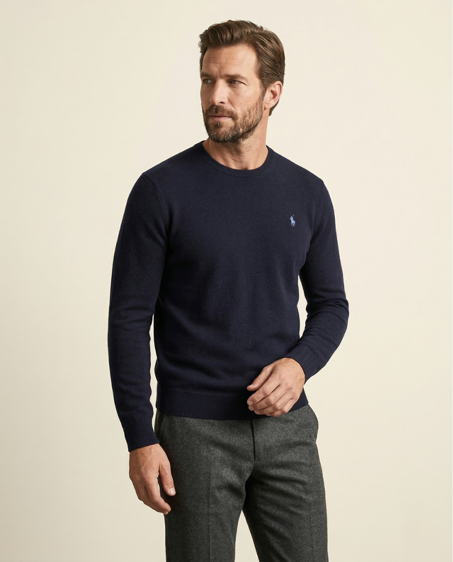 St. Martin Co RL Navy Fine Knit Crewneck Sweater — side view