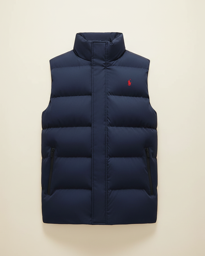 St. Martin Co RL Navy Gilet & Grey Roll-Neck Set — lifestyle view