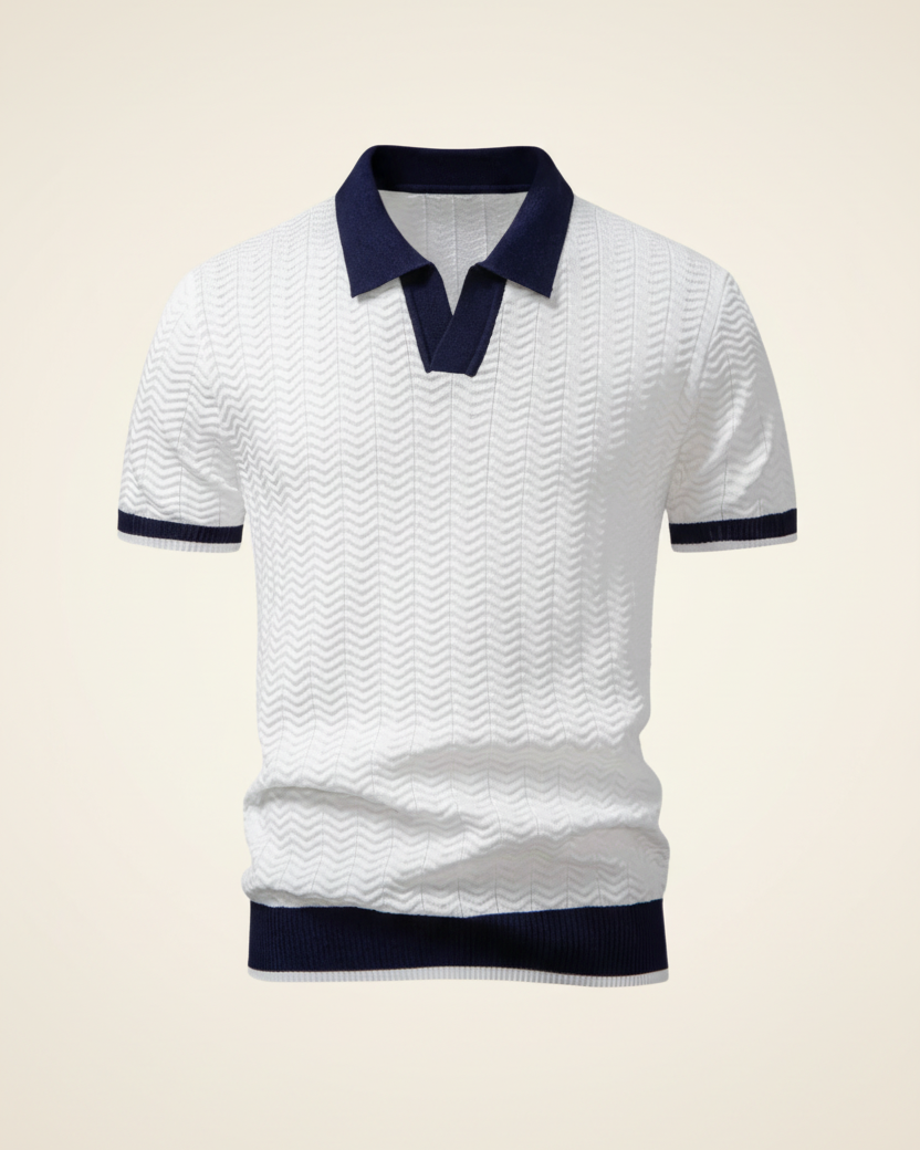 St. Martin Co White Chevron Knit Contrast Collar Polo — front view