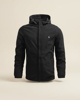 St. Martin Co Black Hooded Windbreaker Jacket — lifestyle view