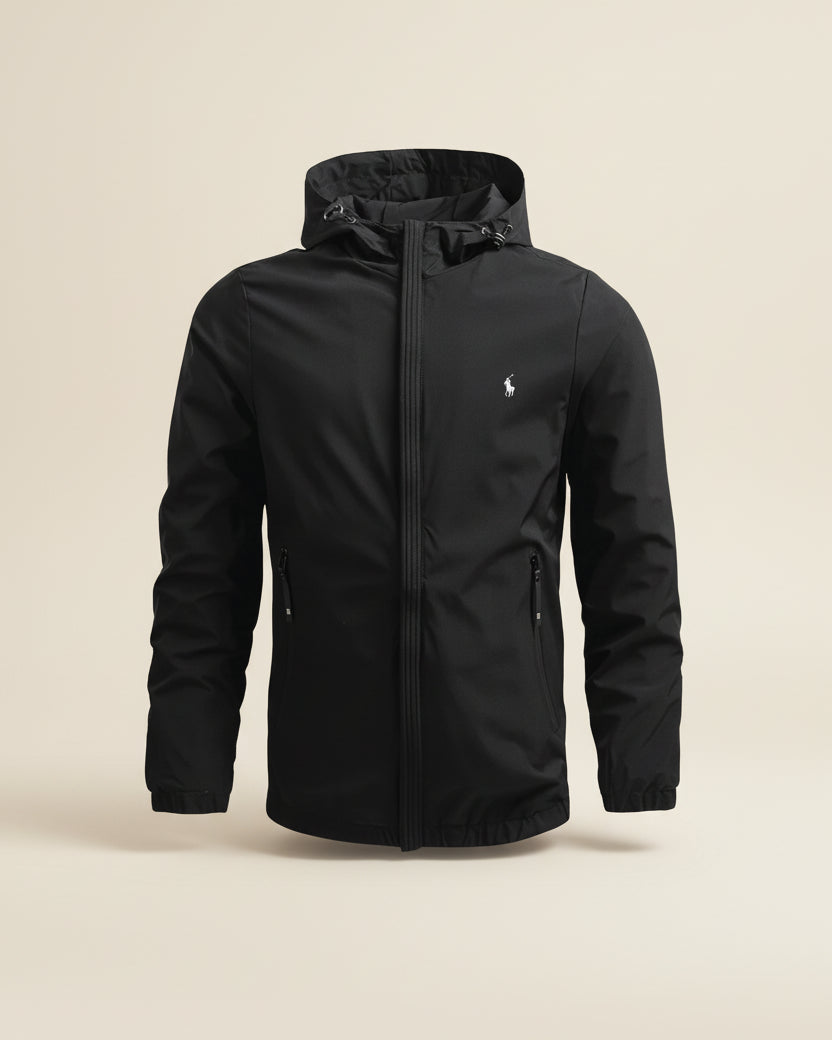 St. Martin Co Black Hooded Windbreaker Jacket — lifestyle view