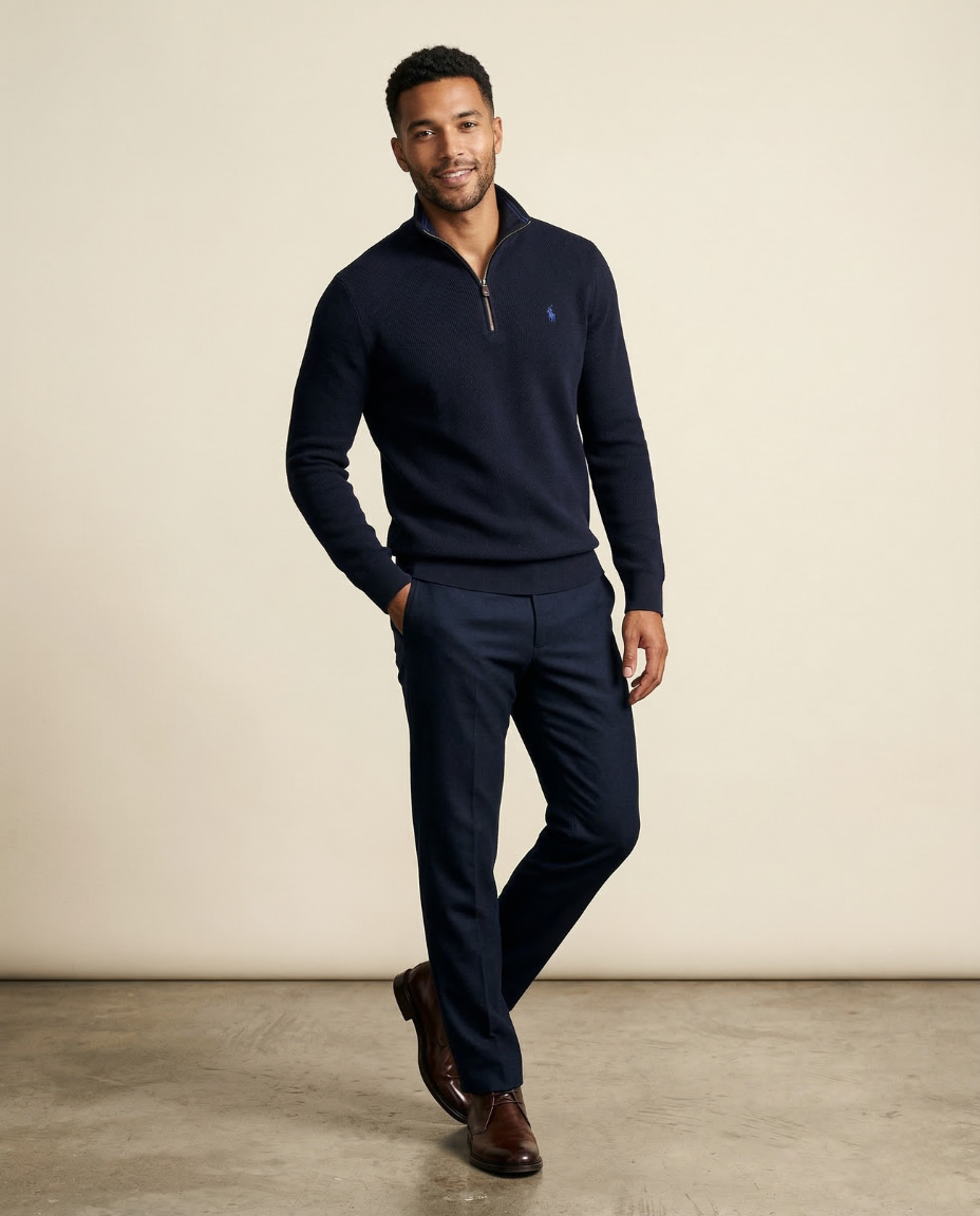 St. Martin Co RL Navy Waffle-Knit Quarter-Zip Pullover — front view