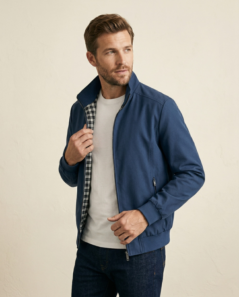 St. Martin Co Navy Harrington Zip Jacket Printed Lining — side view