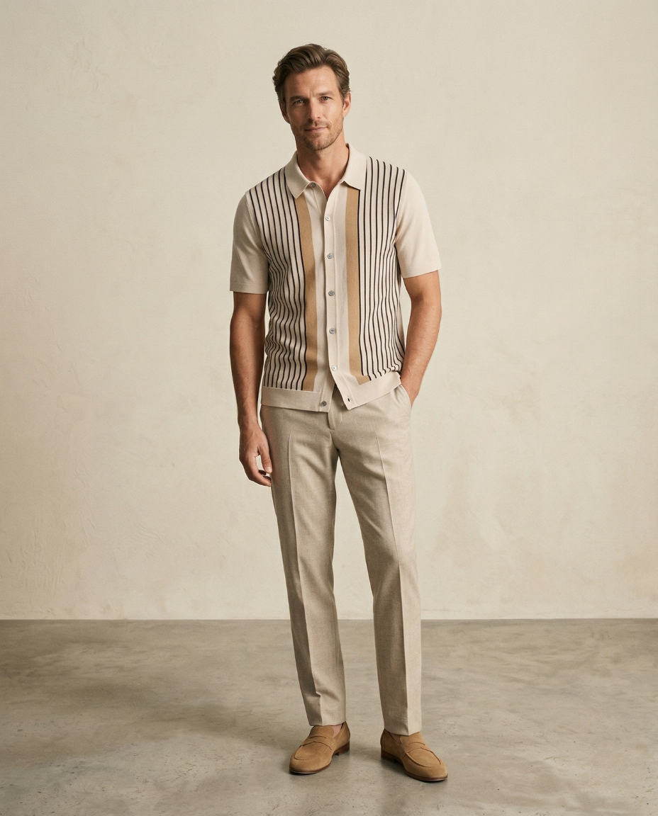 St. Martin Co Vertical Stripe Knit Button-Through Polo — front view