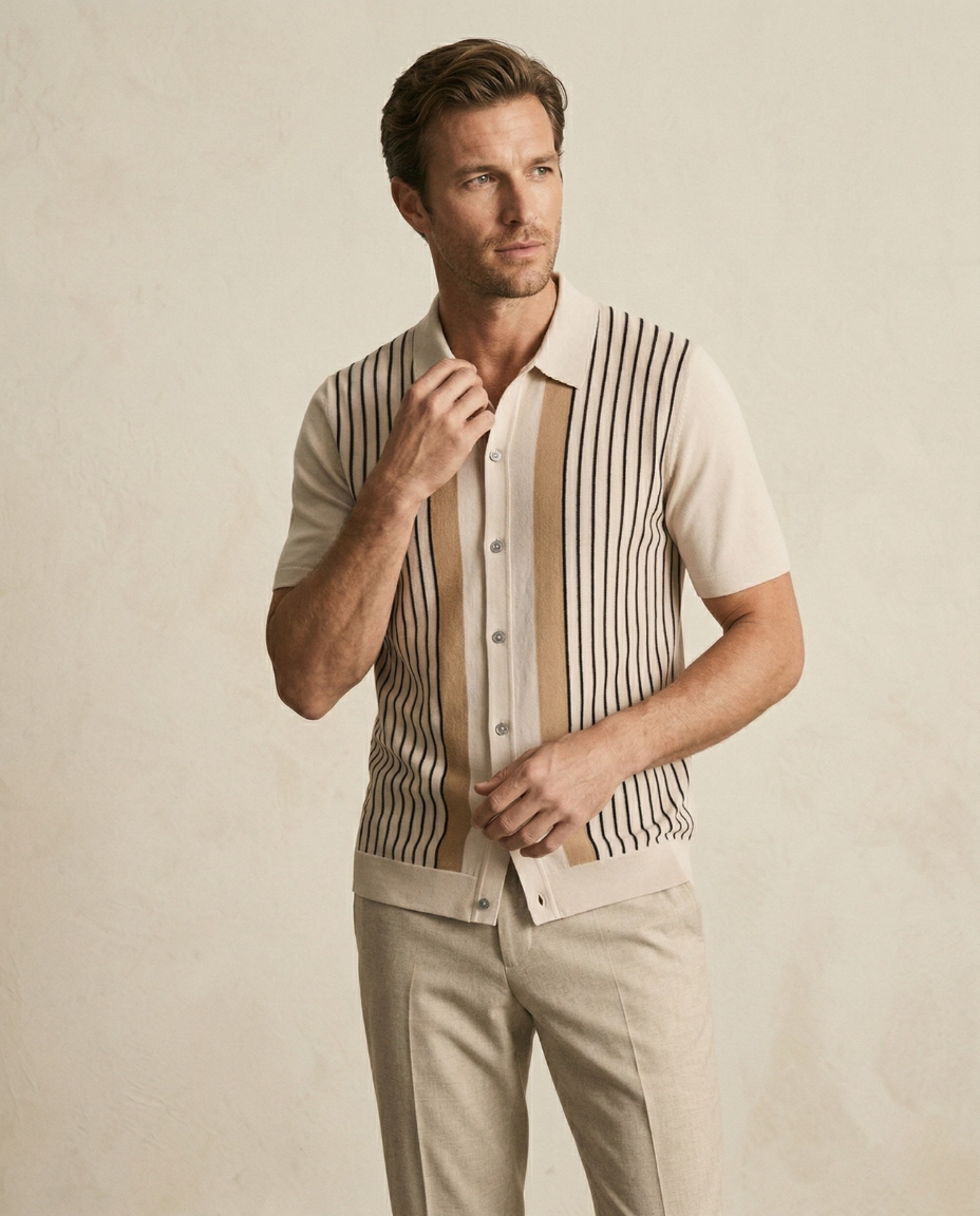 St. Martin Co Vertical Stripe Knit Button-Through Polo — side view