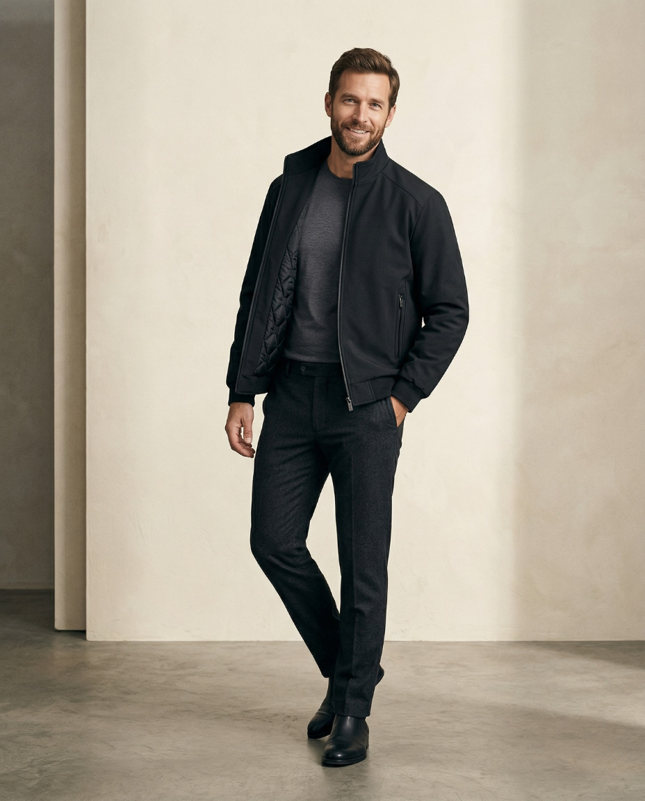 St. Martin Co Quilted-Lined Black Bomber in Refined Form — front view