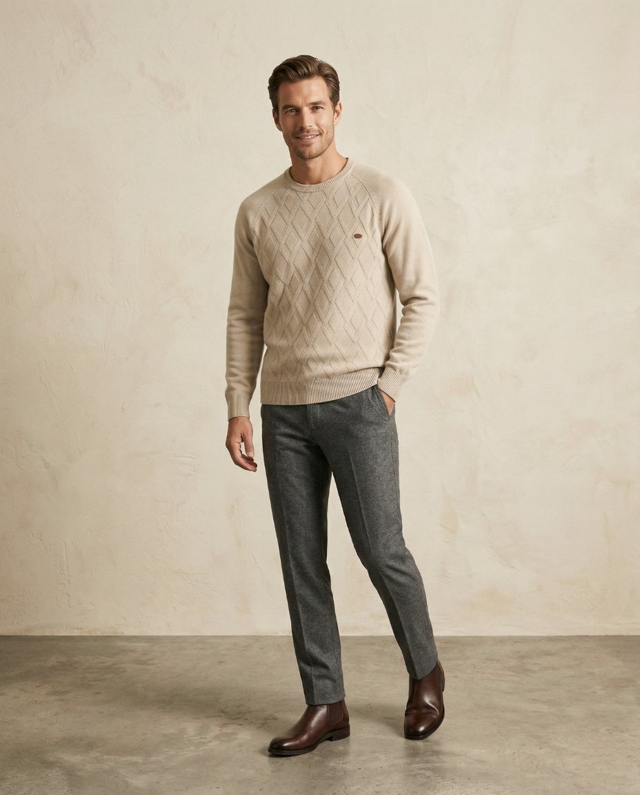 St. Martin Co Oatmeal Diamond-Knit Crew Neck Sweater — front view