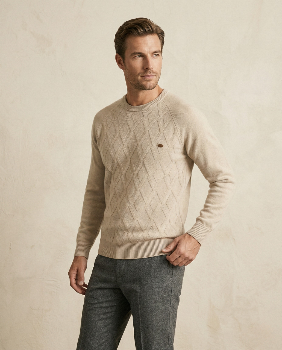 St. Martin Co Oatmeal Diamond-Knit Crew Neck Sweater — back view