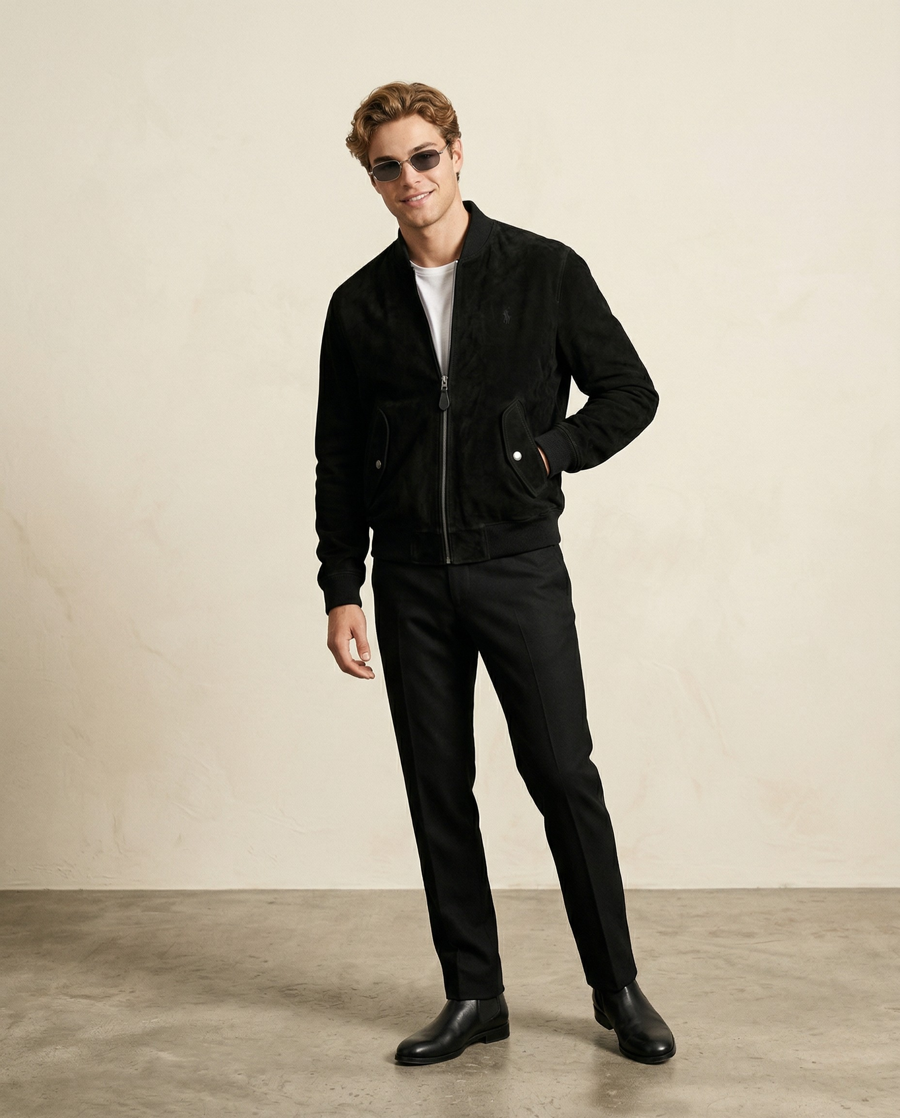 St. Martin Co RL Black Suede Varsity Collar Bomber — front view