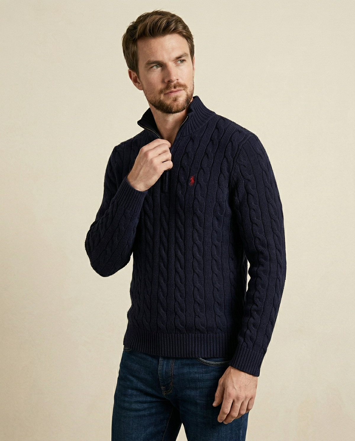 St. Martin Co RL Navy Cable Half-Zip Knit — front view