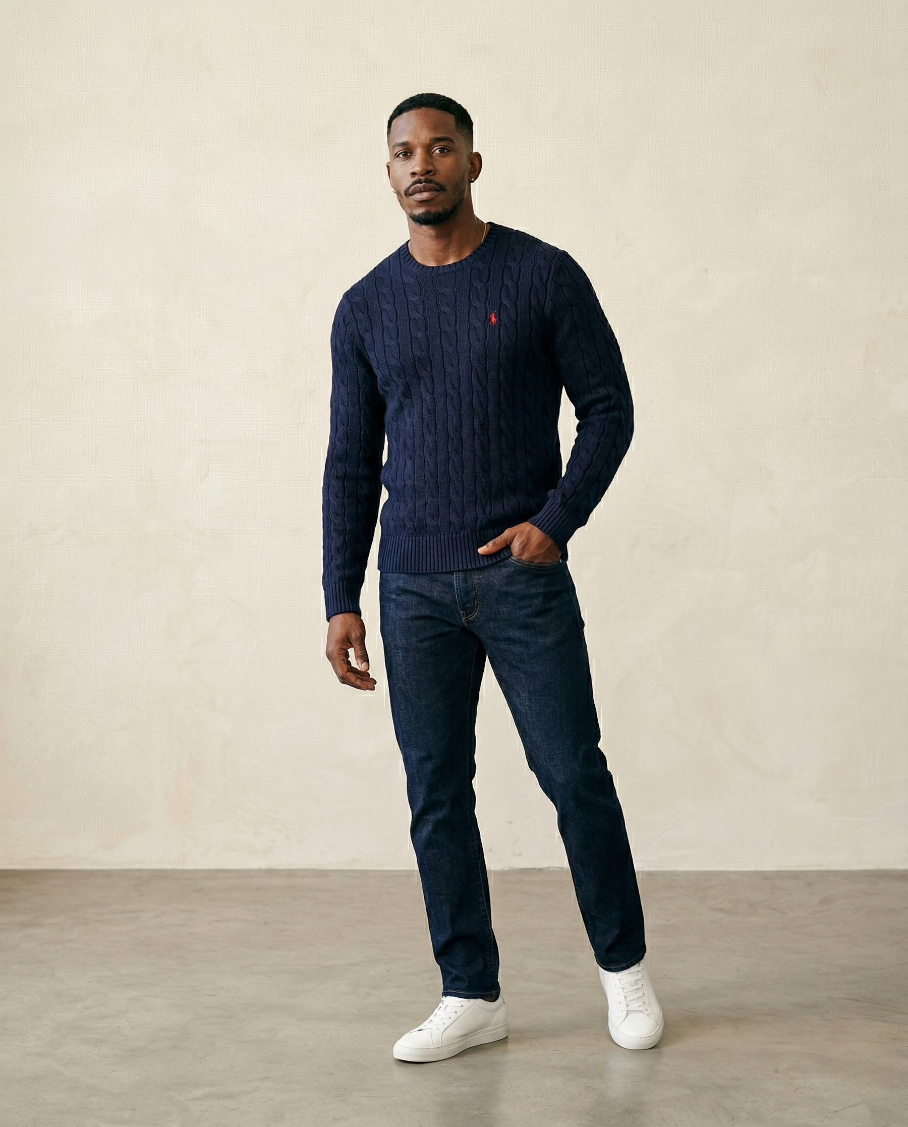 St. Martin Co RL Navy Cable Crew Knit — front view