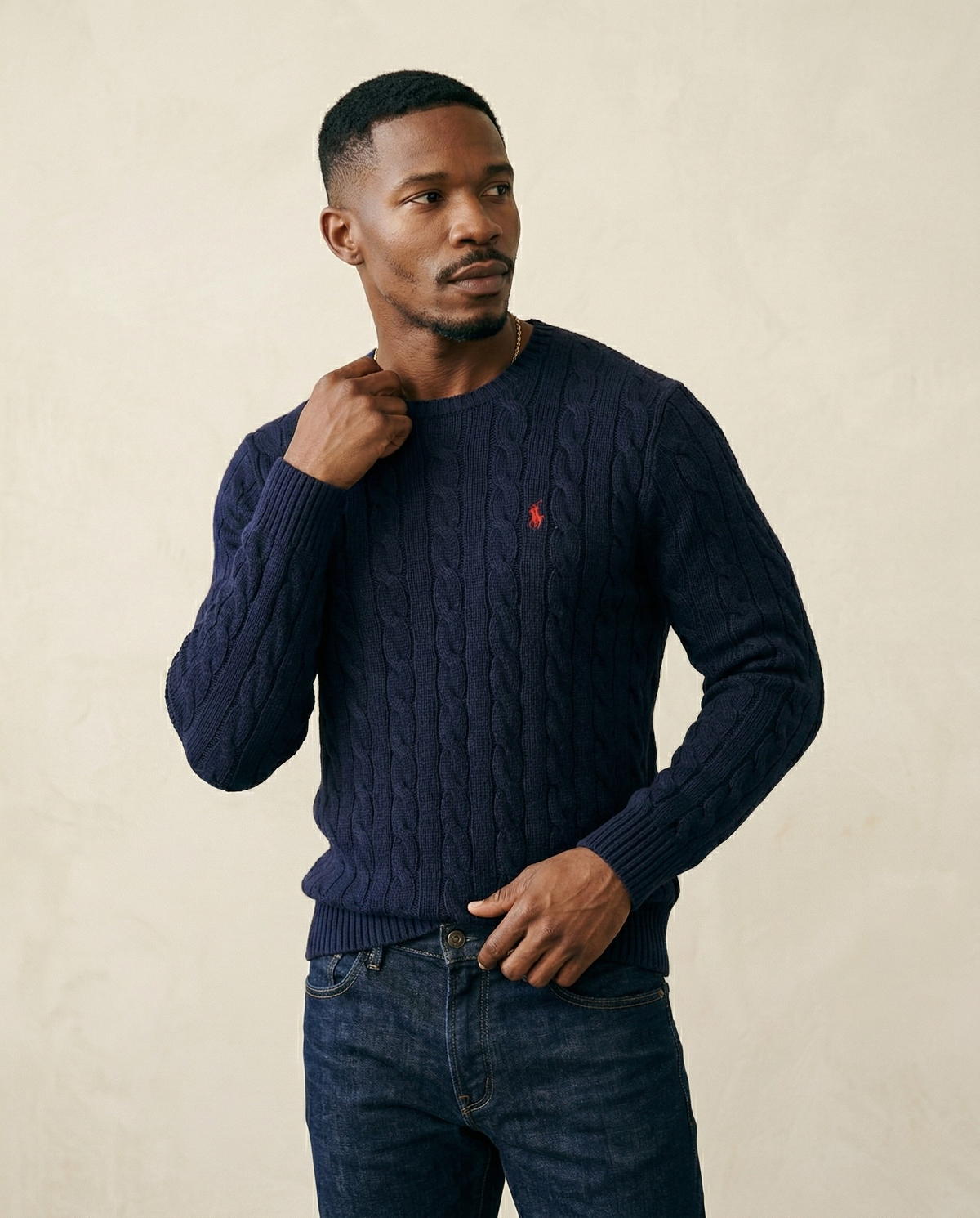 St. Martin Co RL Navy Cable Crew Knit — back view