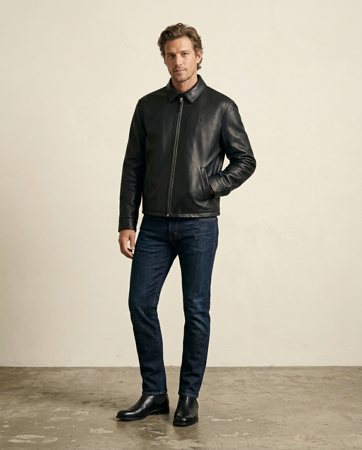 St. Martin Co RL Black Leather Collared Harrington Jacket — front view