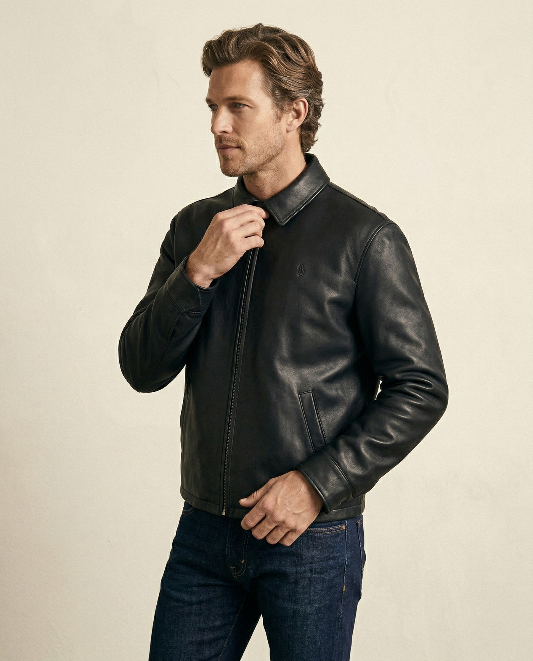 St. Martin Co RL Black Leather Collared Harrington Jacket — back view