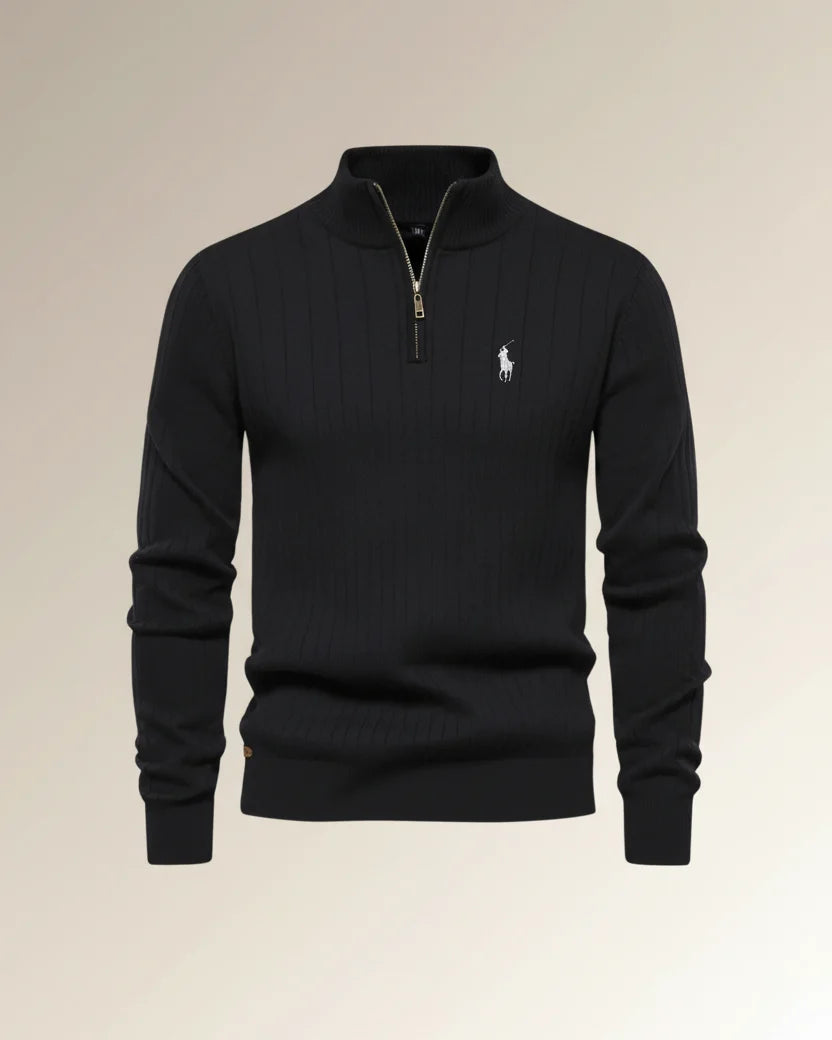 St. Martin Co RL Black Ribbed Quarter-Zip Sweater — front view
