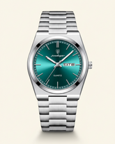 St. Martin Co Steel Bracelet Watch Green Sunray Dial — detail view