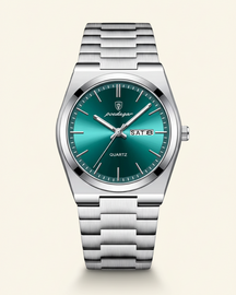 St. Martin Co Steel Bracelet Watch Green Sunray Dial — detail view