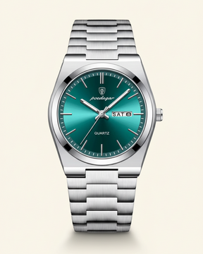 St. Martin Co Steel Bracelet Watch Green Sunray Dial — detail view