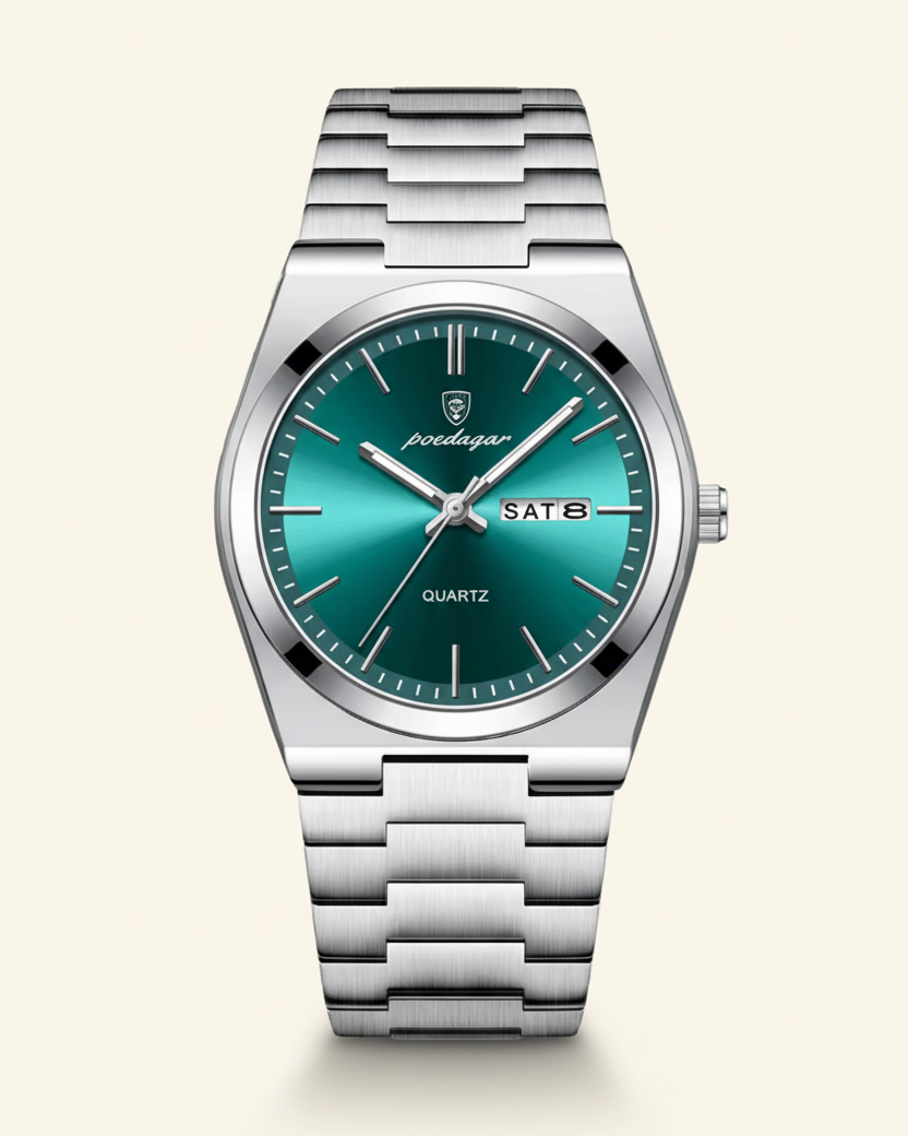 St. Martin Co Steel Bracelet Watch Green Sunray Dial — detail view