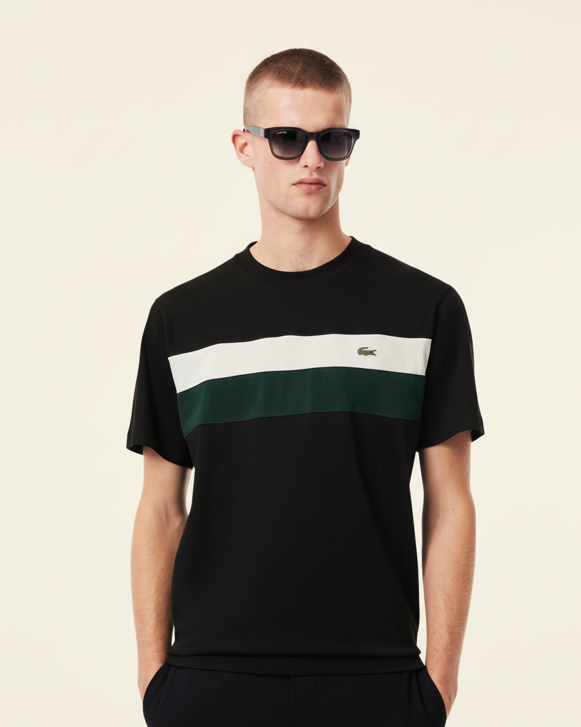 St. Martin Co Black Chest-Stripe Cotton Crewneck Tee — front view