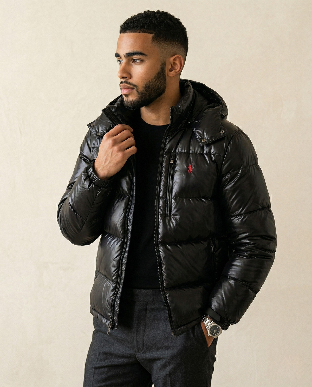 St. Martin Co RL Gloss Shell Hooded Down Jacket — front view