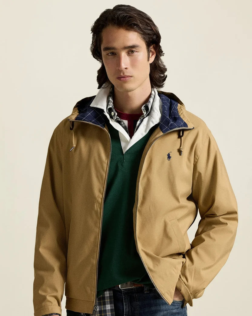 St. Martin Co RL Tan Hooded Cotton Twill Zip Jacket — front view